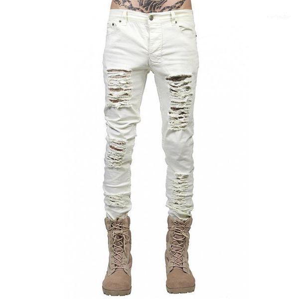 

2020 fashion spring autumn casual slim fit classic beggar jeans men locomotive multi ripped hole feet skinny jeans1, Blue