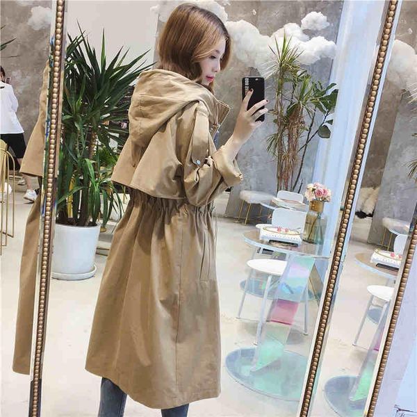 

2020 new solid color casual korean hooded collar loose autumn winter zipper women trench slim simple women coats j2521, Tan;black