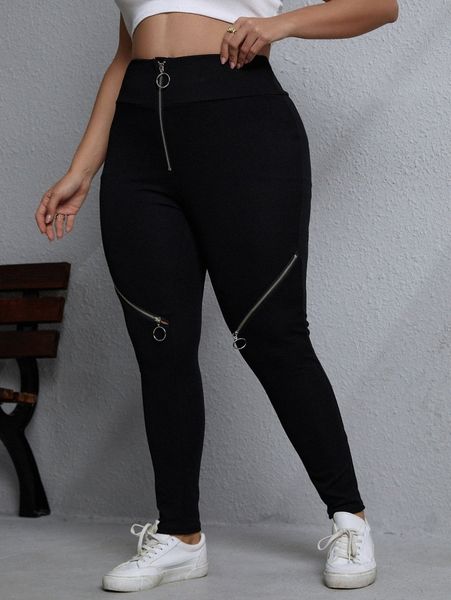 

plus o-ring zipper leggings x3bo#, Black