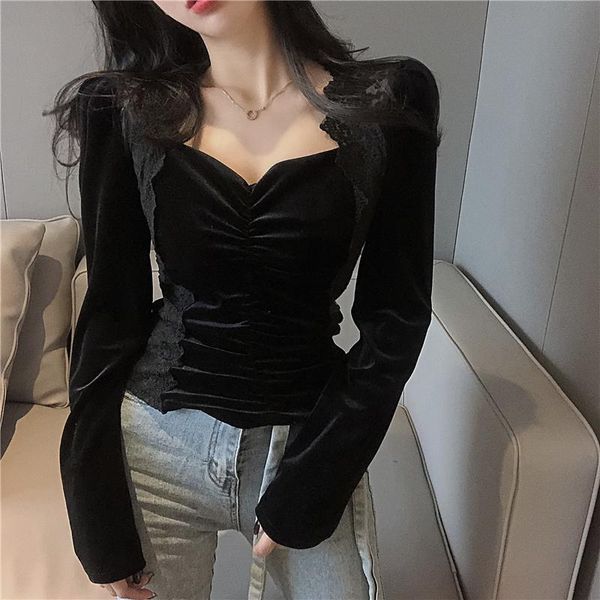 

real s~ women's velveteen with bubble shoulder and long lace sleeves, White