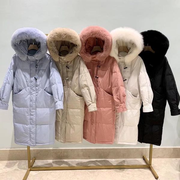 

bottle women's ox horn button over the knee, middle and long large hair collar thickening warm and fashionable coat trend, Black