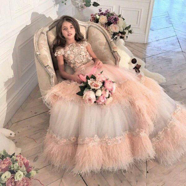 

luxury feather lace toddler girls pageant dresses appliqued jewel neck beaded ball gown tiered flower girl dress sweep train kid prom gowns, White;blue
