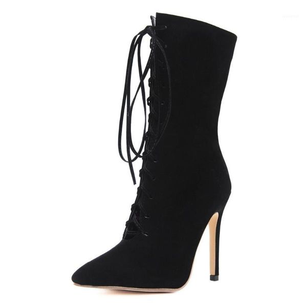 

goxpacer autumn women boots knight mid calf shoes women high heel single casual fashion cross-tied boot, Black