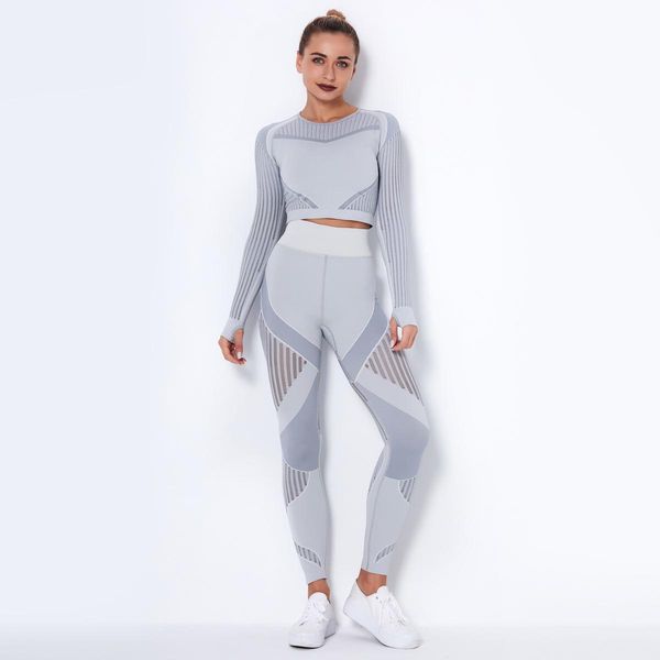 

2020 ins women's yoga set seamless sportswear 2 pieces set long sleeve sweat shirt crop and high waist long pants capri yoga tracksuit, White;red
