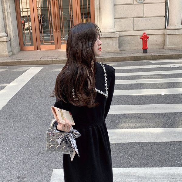 

new 2021 autumn pearl button up dress knitted or crocheted ladies of the elegant vintage fashion solid women's clothes y236 vj4e xh1e, Black;gray