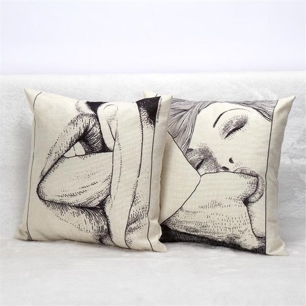 

pillow case wholesale- 45*45cm european style kiss ear finger couple cover throw cotton linen home decorative pillowcses1