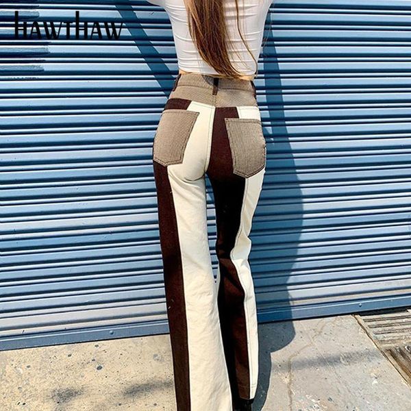 

hawthaw women autumn winter straight color block pocket high waist female denim flare long pants 2020 fall clothes streetwear, Black;white