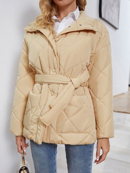 

simplee double pocket drop shoulder belted argyle quilted coat n4xy#, Black