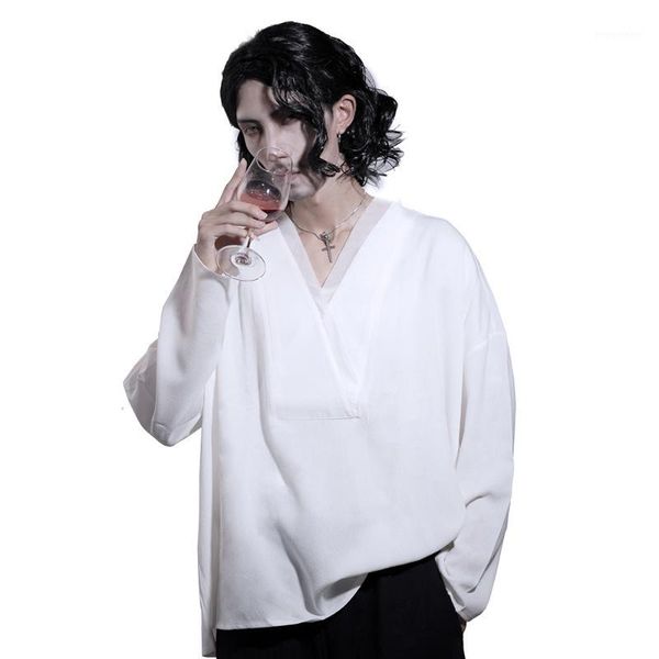 

fashion men shirts loose v neck white oversize long sleeves simple shirts1, White;black
