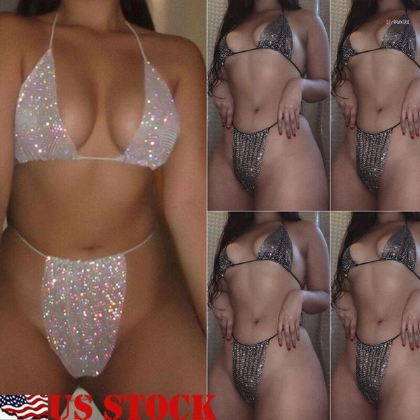 

women sequin rhinestone crystal diamond push-up bikini set swimsuit swimwear female exotic sets11, Red;black