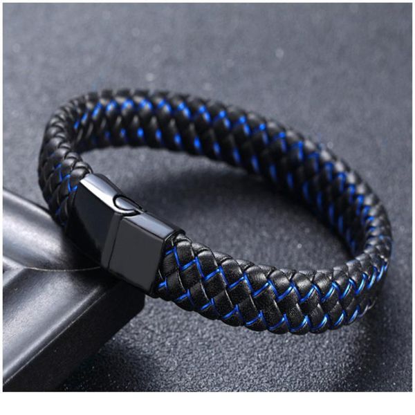 

new men jewelry punk black blue braided leather bracelet for men stainless steel magnetic clasp fashion bangl sqckpa, Golden;silver