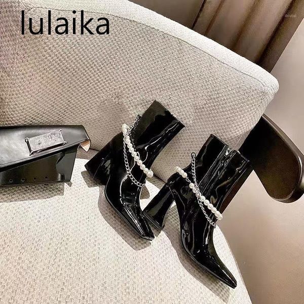 

boots women autumn winter luxury mid calf lace up string bead metal chain design zipper pu leather shoes fashion casual female1, Black