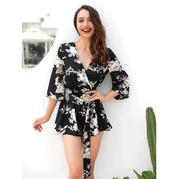 

five-sleeve loose v-neck jumpsuit, Tan;black