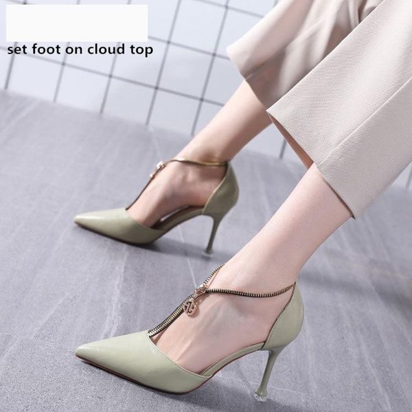 

dress shoes 2021 spring single woman high heels women pumps pointed toe girls side hollow out shoe front zipper green beige black1, Black