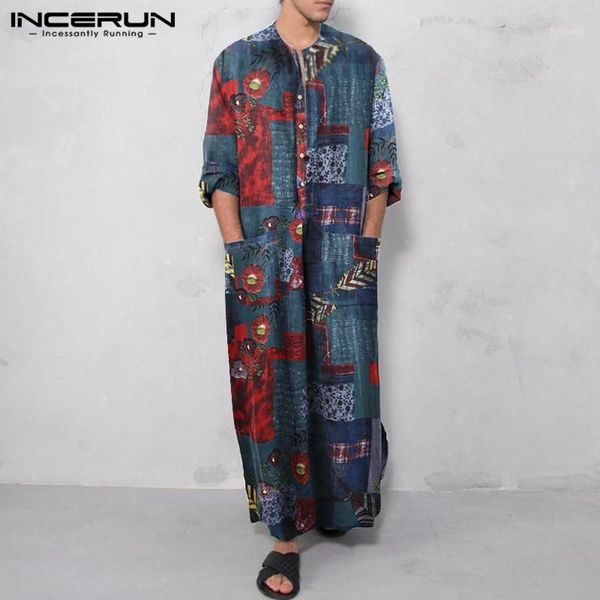 

incerun men cotton muslim kaftan islamic arab casual jubba thobe printing pockets long sleeve vintage middle east dubai caftan1, Red