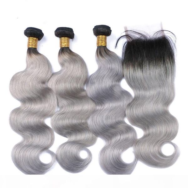 

ombre silver grey weave with closure body wave 3bundles 1b grey ombre brazilian human hair with closure 2tone ombre 4x4 lace closure, Black