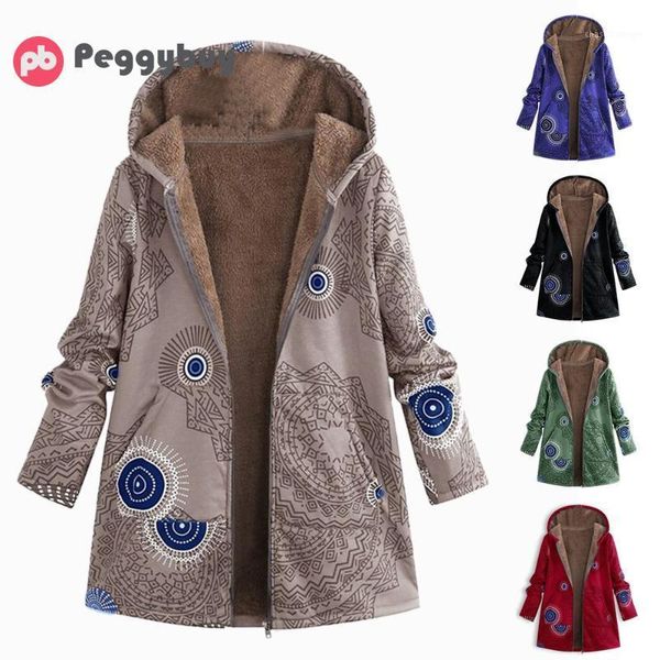 

winter jacket women coat warm pockets zipper print ethnic style outwear hooded pockets slim oversize coats dropshipping1, Black;brown