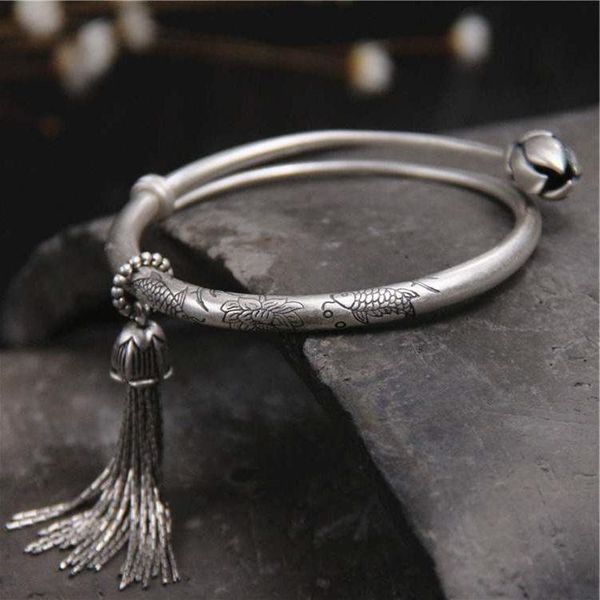 

925 sterling silver popular style pisces opera lotus tassel pendant hand push-pull bracelet weighs 36 g q1210, Black