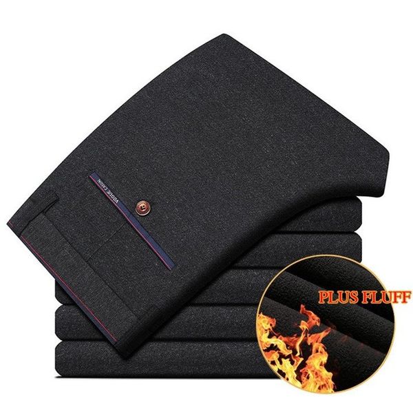 

2021 winter new men warm pants business casual elasticity slim thick plus veet trousers male brand clothes khaki navy iyds, Black