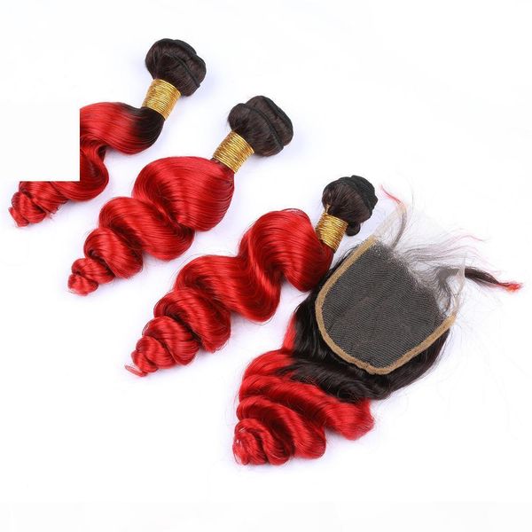 

indian ombre weave hair human bundles with closure 4" * 4" dark root loose wave #1b #red virgin bundles with closure, Black;brown