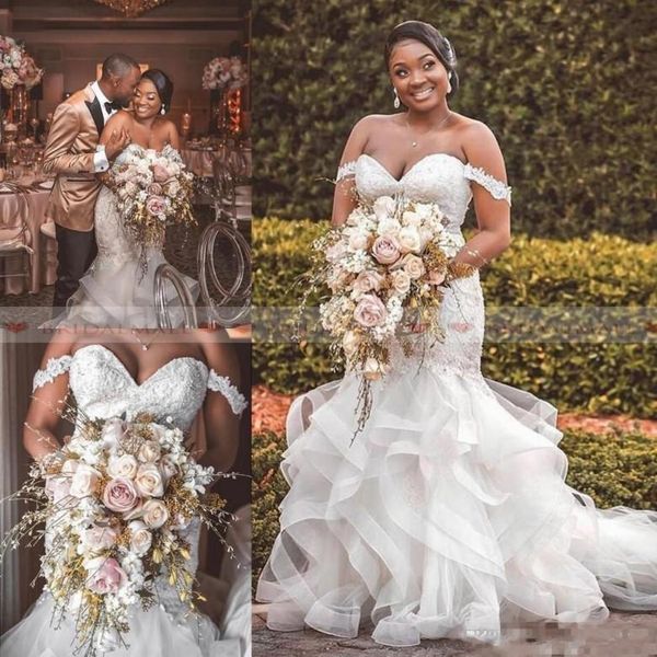 

beaded appliques african mermaid wedding dresses off the shoulder boho bridal gowns tiered ruffles organza chruch plus size bride dress, White