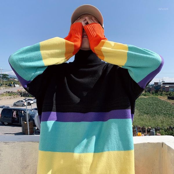 

2019 autumn and winter korean version of the lazy loose european and american casual high collar color matching sweater1, White;black