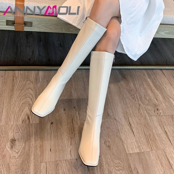 

annymoli real leather mid heel knee-high boots riding boots women shoes square toe thick heels zip long autumn winter 401, Black