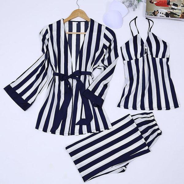 

summer sleepwear women pajamas sets 2019 home clothes 3 pcs striped women pajama nightdress+robe+pant female pajamas 2xl1, Black;red