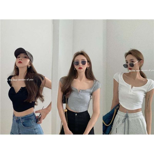 

fox lady's collarbone women's tight white wind high waisted girl short sleeve t-shirt ins, Black;gray