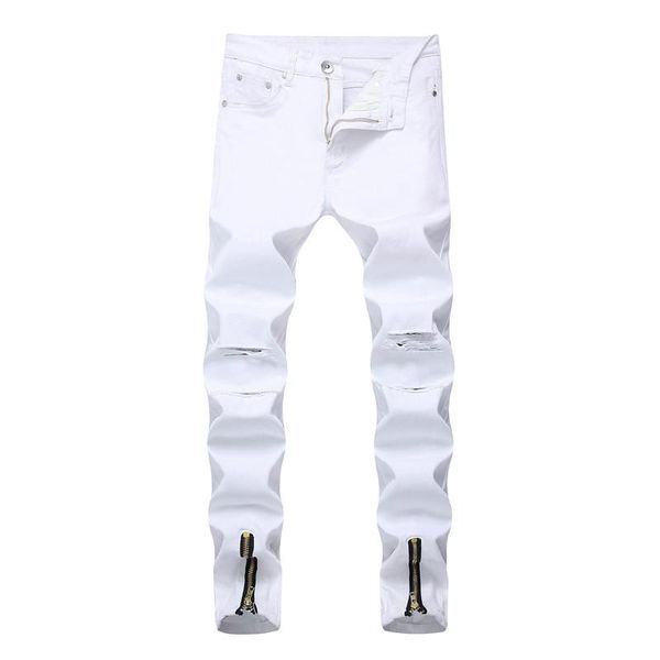 

new ripped denim pant jeans men knee hole zipper biker jeans male guys white brand slim skinny destroyed torn jean pants hip-hop, Blue