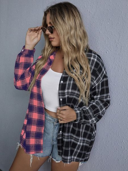 

plus plaid button through blouse m3fn#, Black