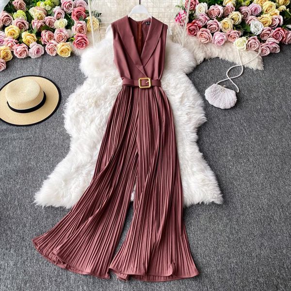

vintage notched collar draped rompers for women casual sleeveless high waist wide leg playsuits female beige green jumpsuit 2020, Black;white