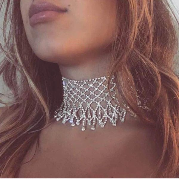 

chokers fashionable multi-layer wave net tassel rhinestone necklace luxury large set of chocolate collar jewelry party wedding, Golden;silver
