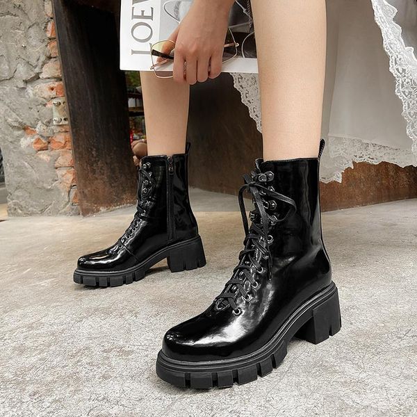 

boots fashion genuine leather women's ankle platform round toe thick high heels lace up winter party office lady shoes woman, Black