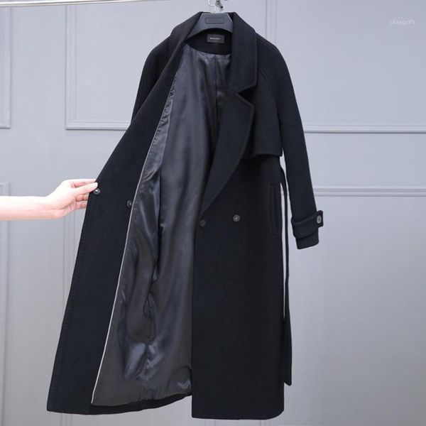 

fashion women's cashmere wool jacket vintage winter mid-length woolen coat casual korean black slim long-sleeve woolen outerwear1