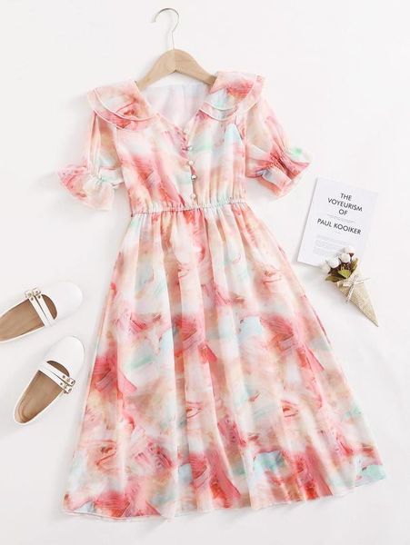 

girls marble print layered peter pan collar a-line dress she, Red;yellow