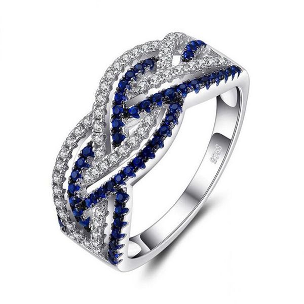 Nuovo prodotto Nuovo di zecca Gioielli unici Sterling Sier Double Color Blue Sapphire White Cz Eternity Women Wedding Cross Band Ring Gift