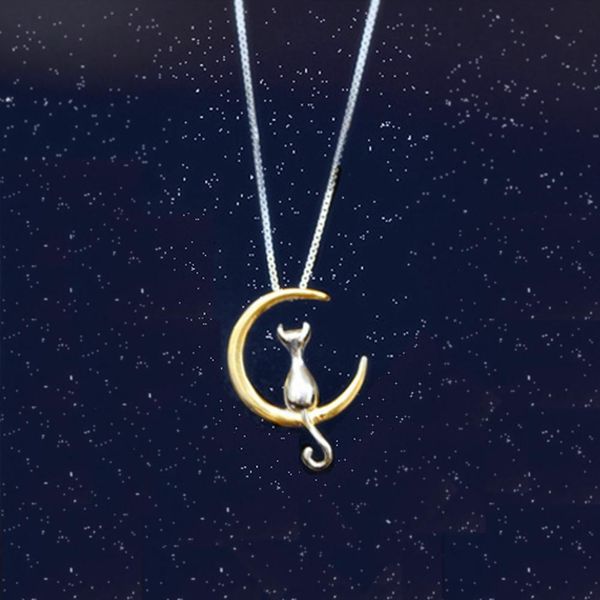 

fashion cute animal cat moon pendant necklace charm gold silver color box chain necklace kitten pet lucky jewelry for women gift wmttkv, Black