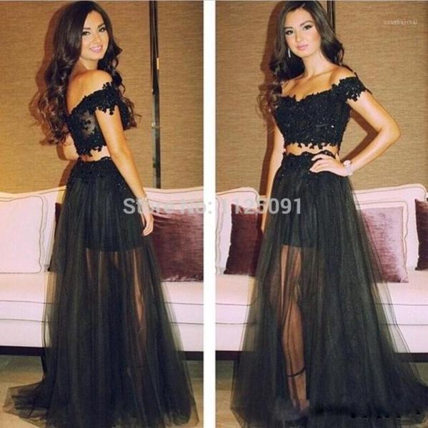 

two pieces prom dresses 2019 off shoulder formal dresses beaded appliques pageant ruffled tulle long party1, White;black