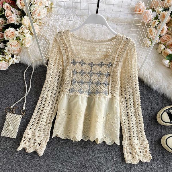 

autumn square collar hollow out blouse women casual long sleeve short female beige/white see-through blusas new1