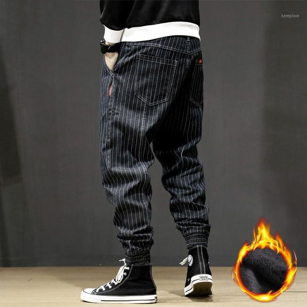 

japanese fashion winter men jeans loose fit vintage stripe designer black harem pants size 28-42 hip hop velvet warm jeans men1, Blue