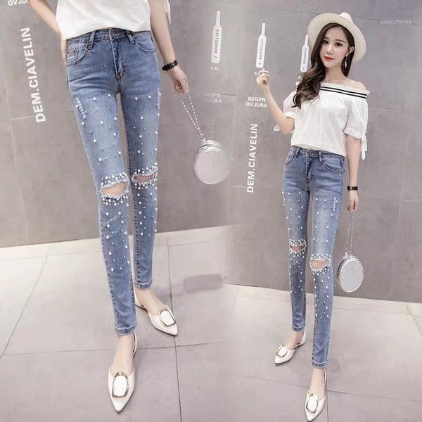 

woman jeans high waist skinny pencil pants trend 2020 office lady korean style embroidered flares hole women ankle-length pants1, Blue