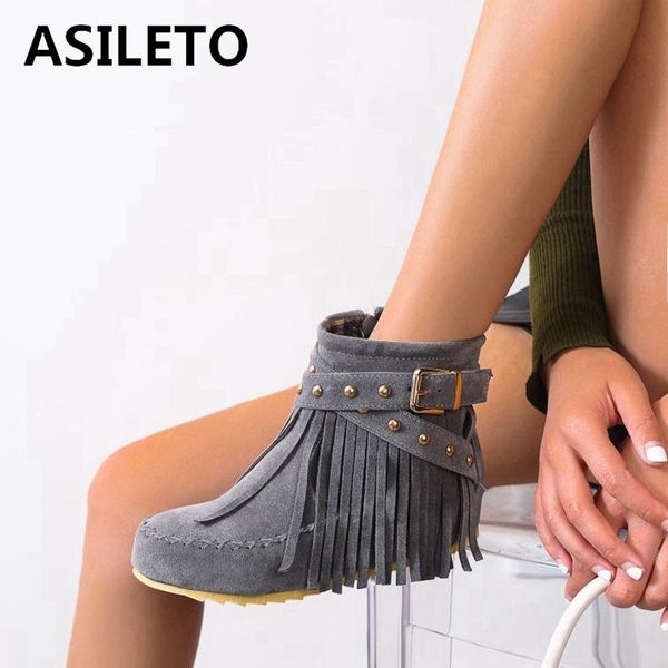 

asileto women ankle boots round toe flat 4cm nubuck zip hidden fringe rivet short plush buckle big size 35-48 winter a3257, Black