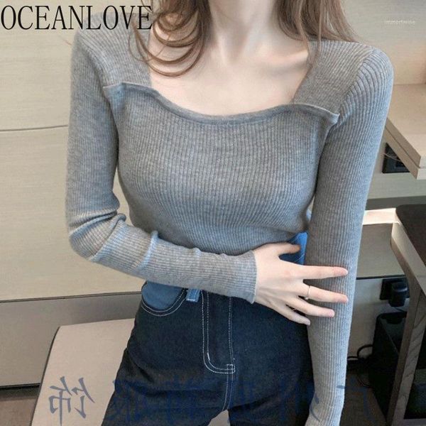 

oceanlove pullovers ladies solid square neck vintage slim mujer sueteres 2020 autumn winter clothes sweaters women 191771, White;black