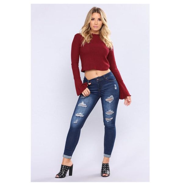 

women's jeans high waist casual pencil pants -selling worn out ripped cuffed, Blue
