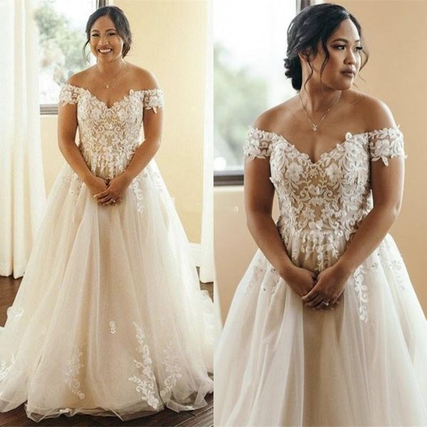 

elegant lace applique wedding dresses 2021 off the shoulder tulle sweep train plus size custom made beach wedding gown vestido de novia, White