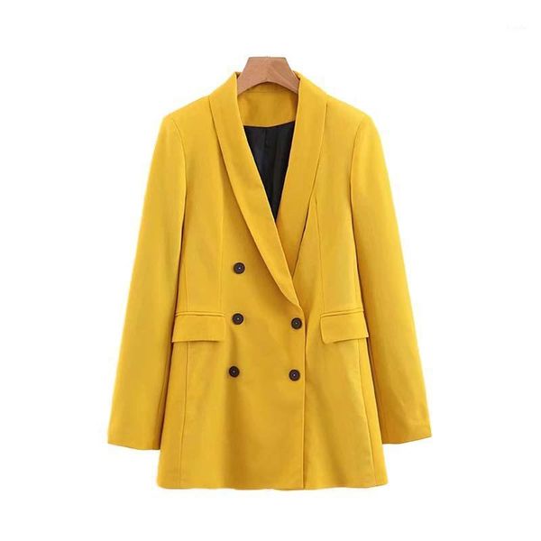 

paris girl women chic yellow blazer pockets double breasted long sleeve office wear coat solid female casual outerwear 1, White;black