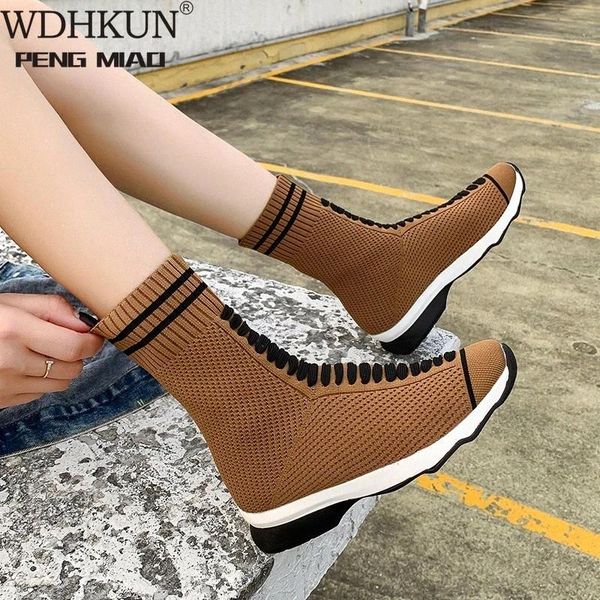 

2021 winter women's boots fashion slip-on mid-calf boots thick bottom low heel round toe square heel women's short socks #k02l, Black