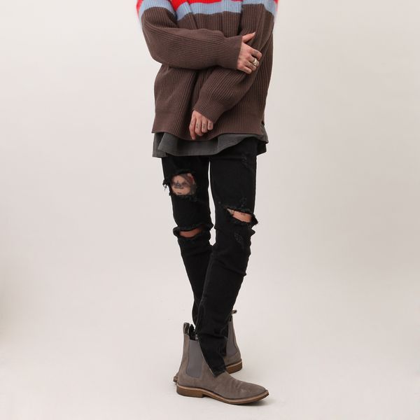 

trendy skinny knee hole black slim zipper small leg jeans men's autumn and winter new beggars' trousers high street, Blue