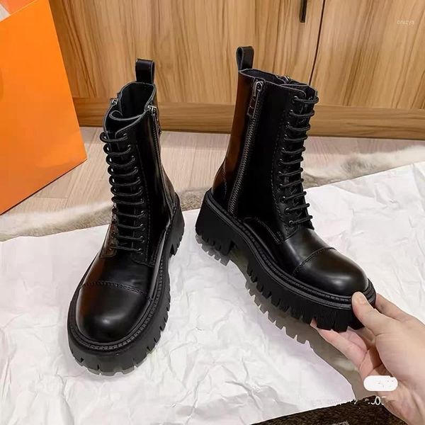 

style ins muffin thick bottom medium tube 2020 boots women british double zipper lace up short boots woman1, Black
